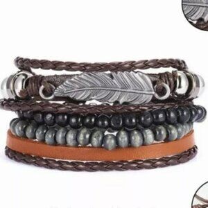 Leather Brown & Black Braided & Bead Men's Bracelet Set